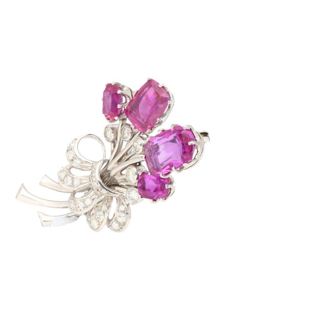 Agl Certified No Heat Ceylon Pink Sapphire and Diamond Platinum Floral Brooch For Sale - Image 4 of 8