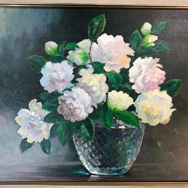 1970s Vintage Flowers In Vase Still Life Painting By A Muscat