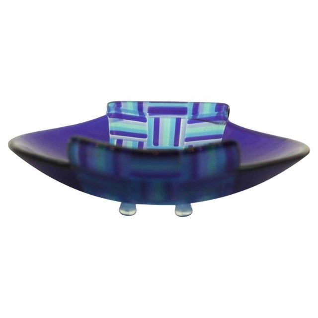 Vintage Postmodern Blue Fused Art Glass Sculptural Bowl, circa 1980 For Sale - Image 12 of 17