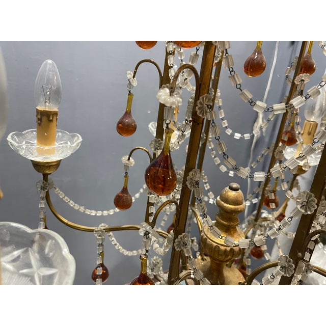 Italian Florentine Giltwood and Amber Murano Glass Drop 6-Light Chandelier, 1950s For Sale - Image 11 of 15