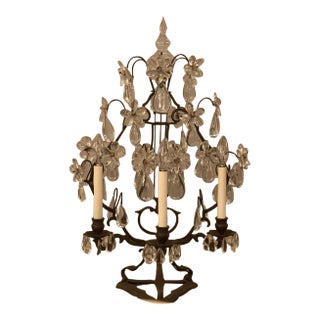 Vintage French Girandole Wrought Iron Lamp With Floral Prisms For Sale