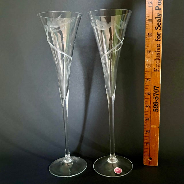Glass Vintage Romanian Fluted Champagne Glasses – Set of 2 Tall 11 7/8” Elegant Glassware For Sale - Image 7 of 7