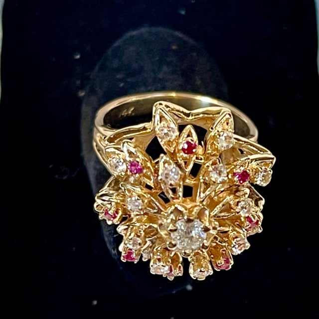 Natural Ruby and Diamond 14 Karat Yellow Gold Flower Cocktail Ring For Sale - Image 11 of 18