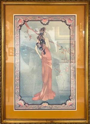 1970s Art Nouveau Style Print Woman in the Forest