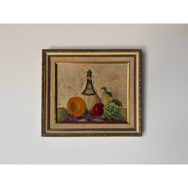 Mid-Century Modern 1970s Frances Heller “Fruit and Wine” Still Life Oil on Canvas Board Painting, Wood Framed For Sale - Image 3 of 10