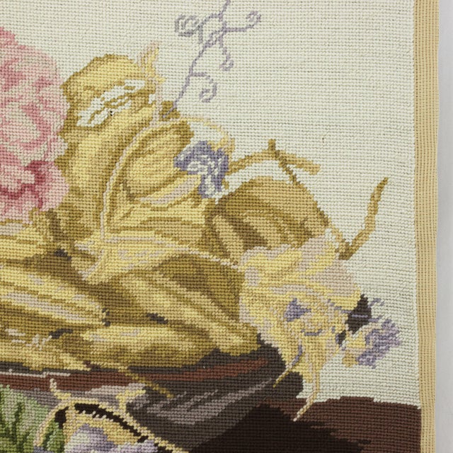 Vintage Botanical Needlepoint Textile Art – Still Life Bowl of Pease and Pink Rose Blossom For Sale In New York - Image 6 of 8