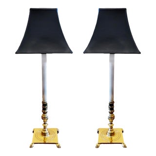 A Pair of 1990s Brass Stick Lamps With Custom Gilt Lined Shades For Sale