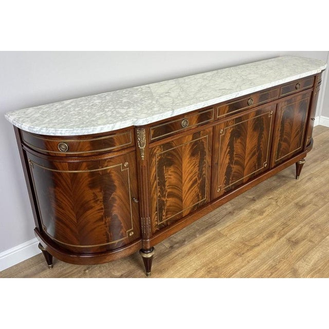 Vintage French Empire Carved Burr Inlay Sideboard with Marble Top For Sale - Image 9 of 18