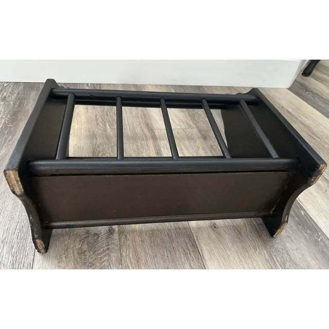 Vintage Mid 20th Century Primitive Americana Style Black Wood Magazine Rack For Sale - Image 9 of 10