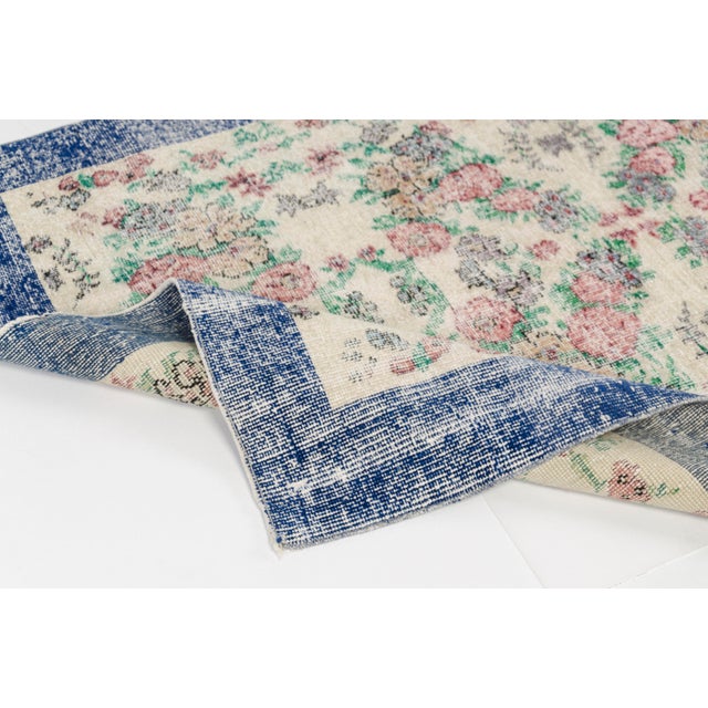 Mid-Century Modern Hand Knotted Beige and Blue Wool Runner Rug For Sale - Image 3 of 12