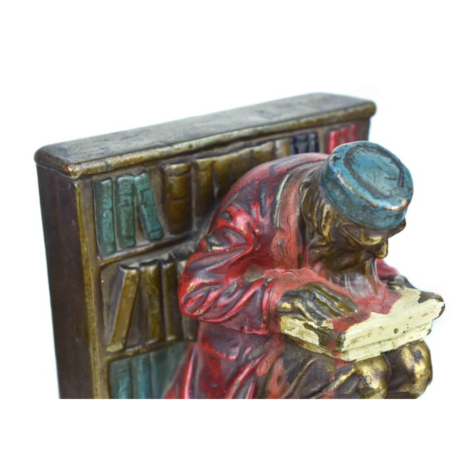 Bronze Antique Rare Hand Painted Armor Bronze "The Bookworm" Polychrome Scholar on Library Ladder Bookends - A Pair For Sale - Image 8 of 14