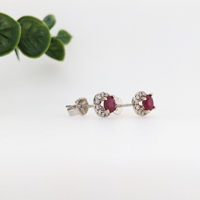 Pretty Mozambique Ruby Studs With Natural Diamond Halo in Solid 14k White Gold For Sale - Image 4 of 6