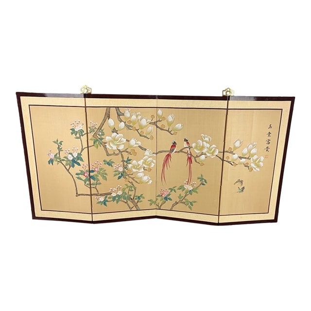 Hand‑Painted Magnolia & Long‑Tailed Birds Panel — 48" Asian Decorative Art With Calligraphy For Sale