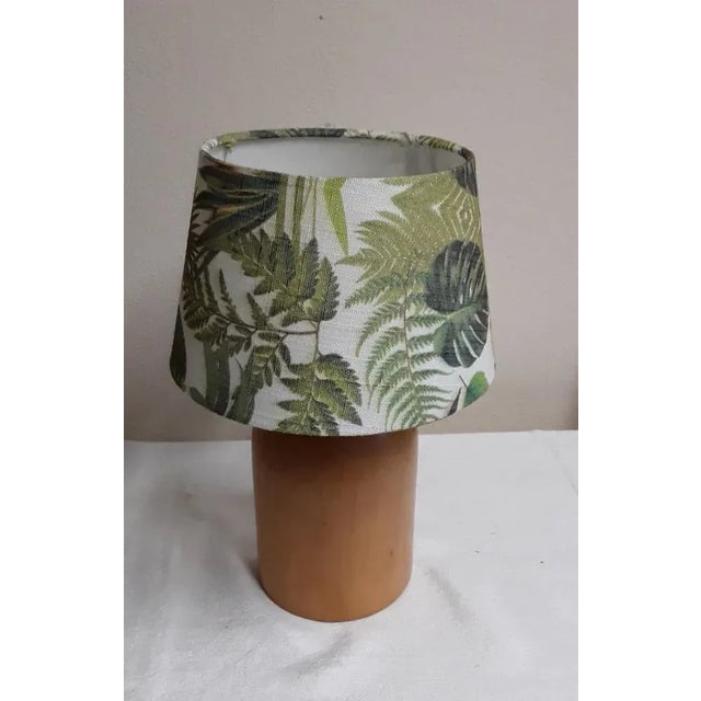 Vintage Table Lamp with a Bottle -Shaped Maple Foot with Floral Patterned Fabric Screen, 1970s, in Very Good conditions....