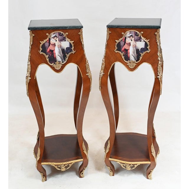 French Pedestal Stands Tables Vernis Martin Plaques, Set of 2 For Sale - Image 11 of 11