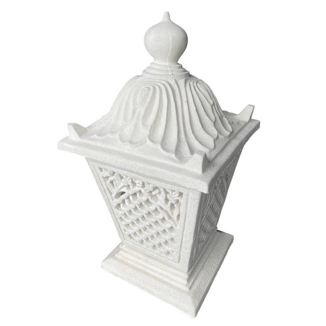 An exceptional vintage cast stone garden lantern, beautifully capturing the elegant, exotic flair of mid-century Palm...