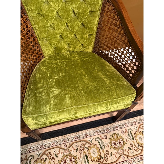 1970s Vintage Green Velvet & Cane Accent Chair W/ Cushion For Sale - Image 5 of 14