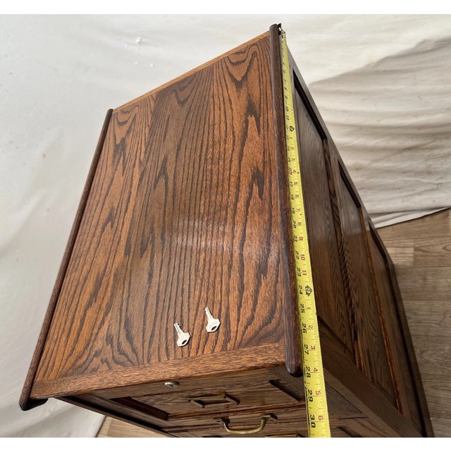 Vintage Tiger Oak File Cabinet Three Locking Drawers Paneled Sides Legal Size For Sale - Image 9 of 11