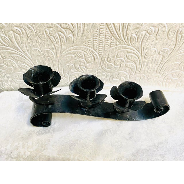 Mid-Century Modern Mid-Century Handmade Black Iron 3 Flowers Candleabra With Scrolled Legs For Sale - Image 3 of 10