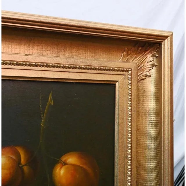 Gorgeous English oil painting in the Georgian manner Delicate still life shows a blue and white porcelain bowl overflowing...