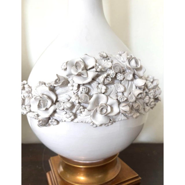 Ceramic Pair of 1960s Tall White Italian Porcelain Floral Lamps by Marbro For Sale - Image 7 of 7