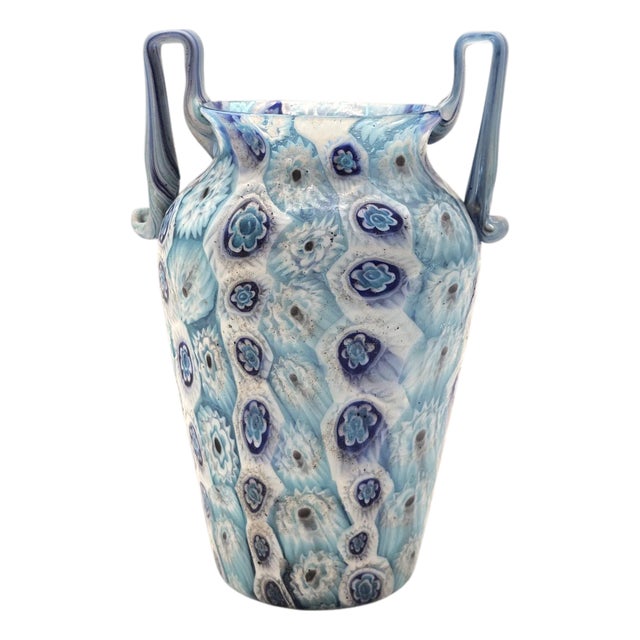Fratelli Toso Murano Italy Art Glass Millefiori Murrine Handled Vase Blue 6" For Sale