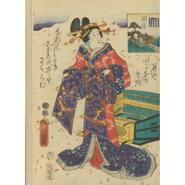 Original Japanese ukiyo-e color woodblock print (nishiki-e) depicting an elegantly dressed woman in elaborate kimono with...