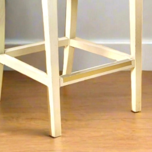 1970s Pair | Large Vintage Wooden Bar Stools With Bamboo Fabric For Sale - Image 5 of 7