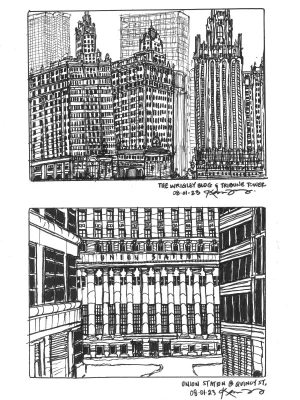 Chicago Sketch Drawing of Wrigley, Tribune + Union Station
