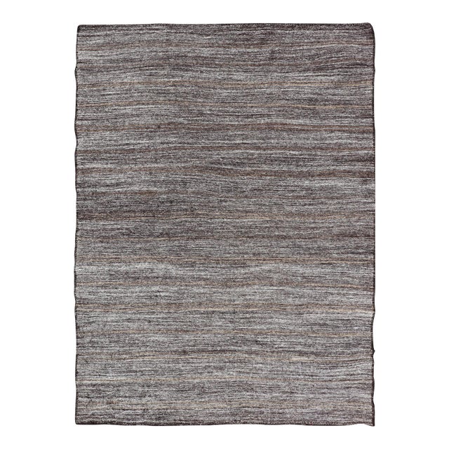 Vintage Turkish Kilim Rug With Variegated Stripes in Charcoal, Gray & Ivory For Sale