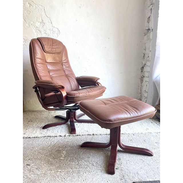 Set of Scandinavian Brown Leather Recliner Lounge Chair with Ottoman, 1990 For Sale - Image 16 of 17