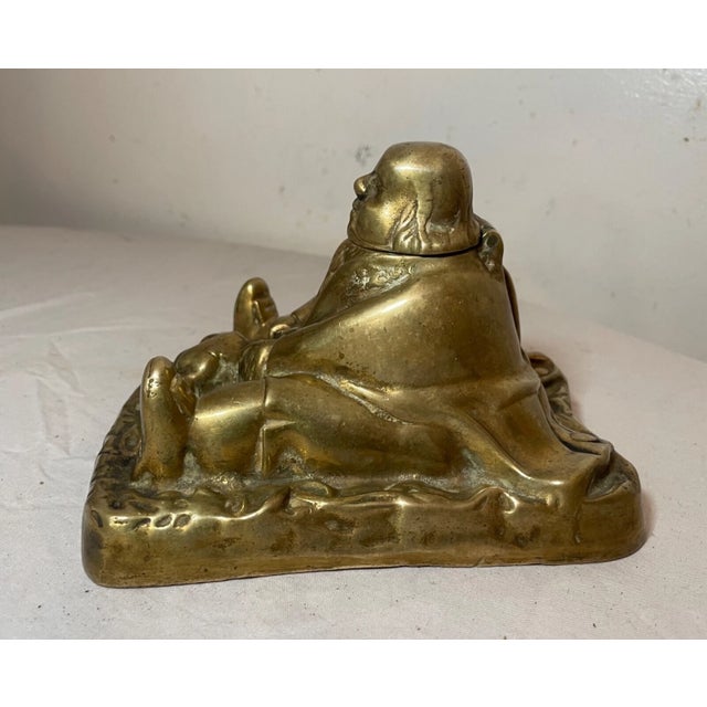 1920s Large Antique Solid Bronze Brass Figural Writing Fat Man Eating Turkey Inkwell For Sale - Image 5 of 13