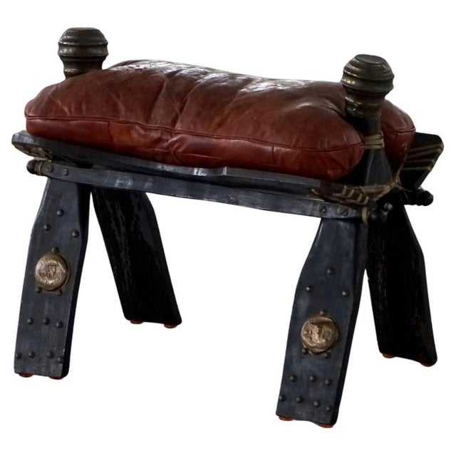 Moroccan Dark Red Upholstered Camel Saddle Ottoman, North Africa, 1940s For Sale - Image 17 of 17