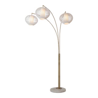 1990s Bloom 3-Light Arc Floor Lamp - Weathered Brass, White Marble Base, White Satin Shade, Dimmer Switch For Sale