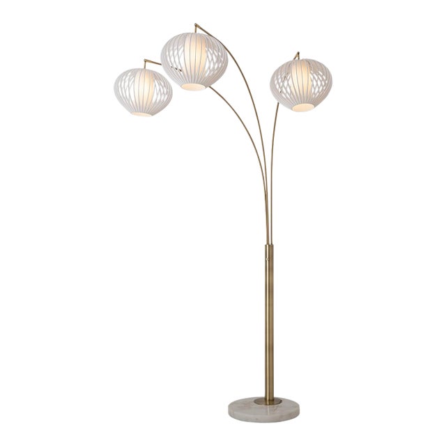 1990s Bloom 3-Light Arc Floor Lamp - Weathered Brass, White Marble Base, White Satin Shade, Dimmer Switch For Sale