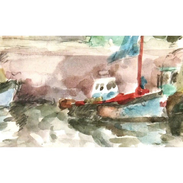 French watercolor of quiet fishing village in Brittany, circa 1950. Original artwork on paper displayed on a white mat...