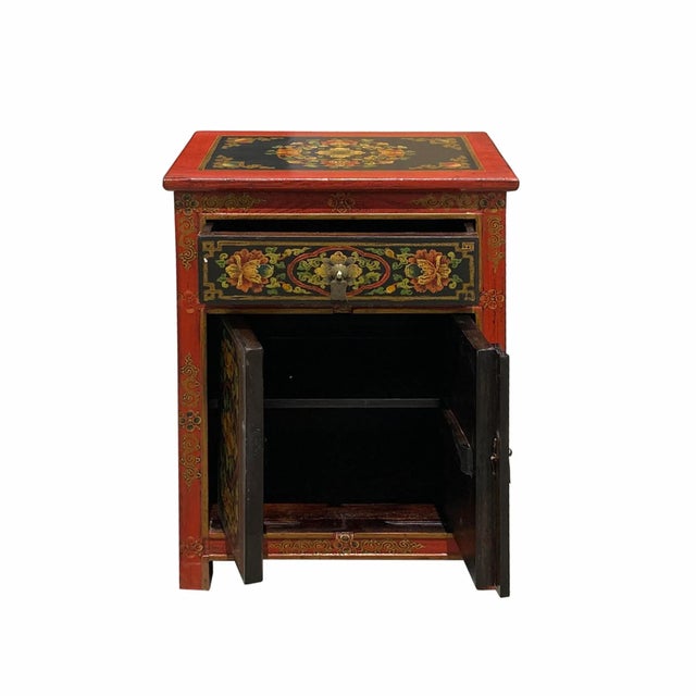 Tibetan Oriental Black Orange Red Floral End Table Nightstand For Sale - Image 4 of 6