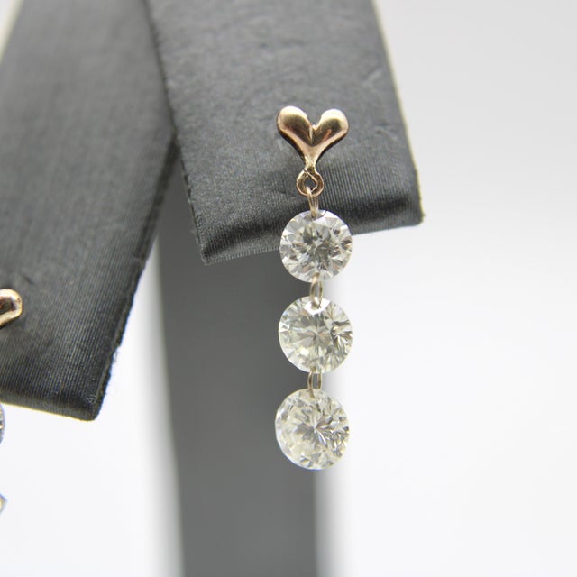Metal 1990s 14k Gold Floating Diamond Dangle Earrings, A Pair For Sale - Image 7 of 9