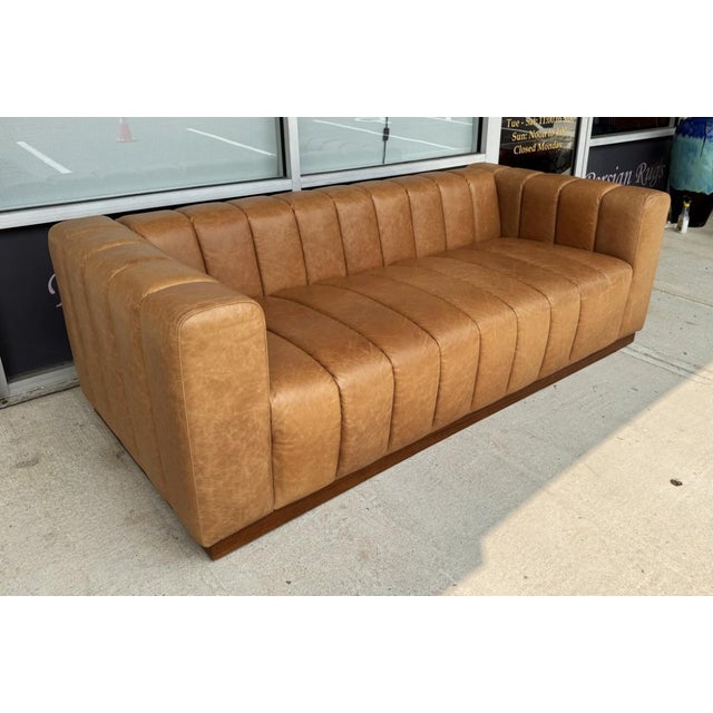 Mid-Century Modern Cb2 Forte 81-Inch Channeled Saddle Leather Sofa With Walnut Base For Sale - Image 3 of 16