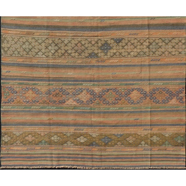 Mid 20th Century Mid 20th Century Vintage Striped Turkish Kilim Rug With Geometric Shapes and Soft Muted Colors For Sale - Image 9 of 12