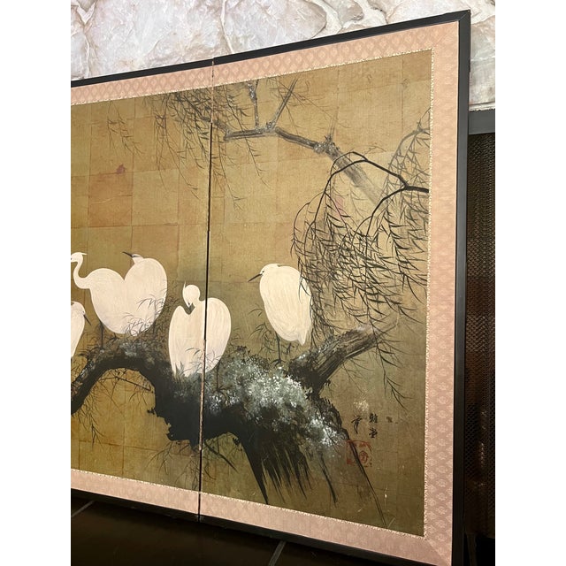 Wood Vintage Mid-Century Japanese 4-Panel Byobu Folding Screen - "White Egrets & Willow" For Sale - Image 7 of 16