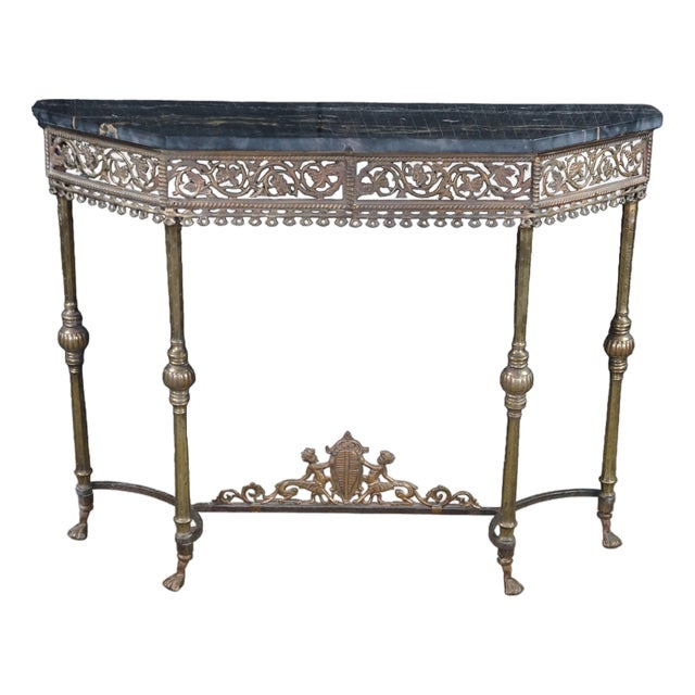 Mid 20th Century Attributed Oscar Bach Neoclassical Bronze Wrought Iron Marble Console Table 43" For Sale