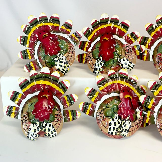 Vintage Boho Chic Americana Arts & Crafts Enameled Tole Turkey Napkin Ring - Set of 8, Thanksgiving For Sale - Image 4 of 11