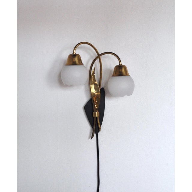 Scandinavian Organic 2-Arm Wall Light in Brass and Opaline, 1940s For Sale - Image 4 of 15