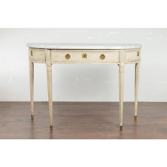 French Pair of French 19th Century Neoclassical Style Demilune Tables with Marble Tops For Sale - Image 3 of 12