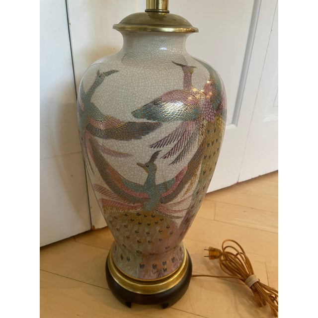 Cream Vintage Frederick Cooper Hand-Painted Porcelain Peacock Lamp - Chinoiserie For Sale - Image 8 of 12