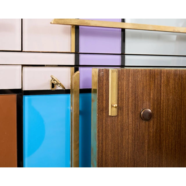 Pair Italian Midcentury Mondrian Style Glass Brass Cabinets For Sale - Image 16 of 18