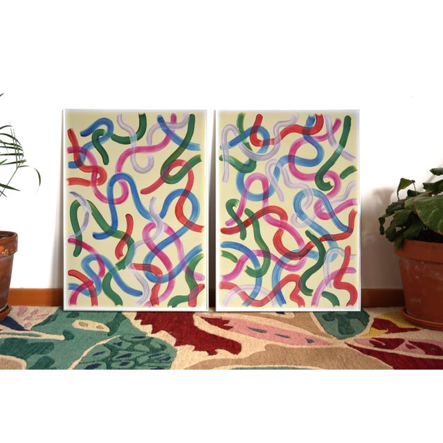 2022 "Vivid Gestures on Vanilla" Acrylic Diptych Painting on Watercolor Paper by Natalia Roman - Set of 2 For Sale - Image 9 of 10