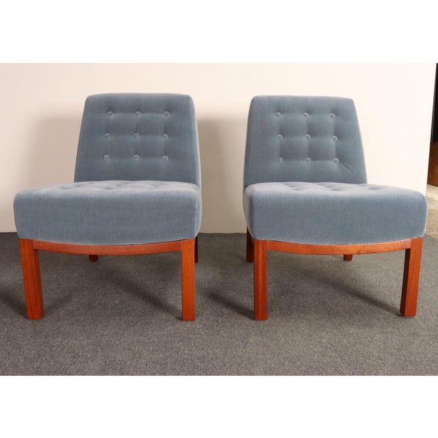 Dunbar Furniture Pair of Mahogany and Blue Mohair Slipper Chairs by Edward Wormley for Dunbar For Sale - Image 4 of 18