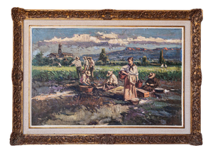 Post-Impressionist Artist, Harvesting the Crop, Large Oil Painting, Framed